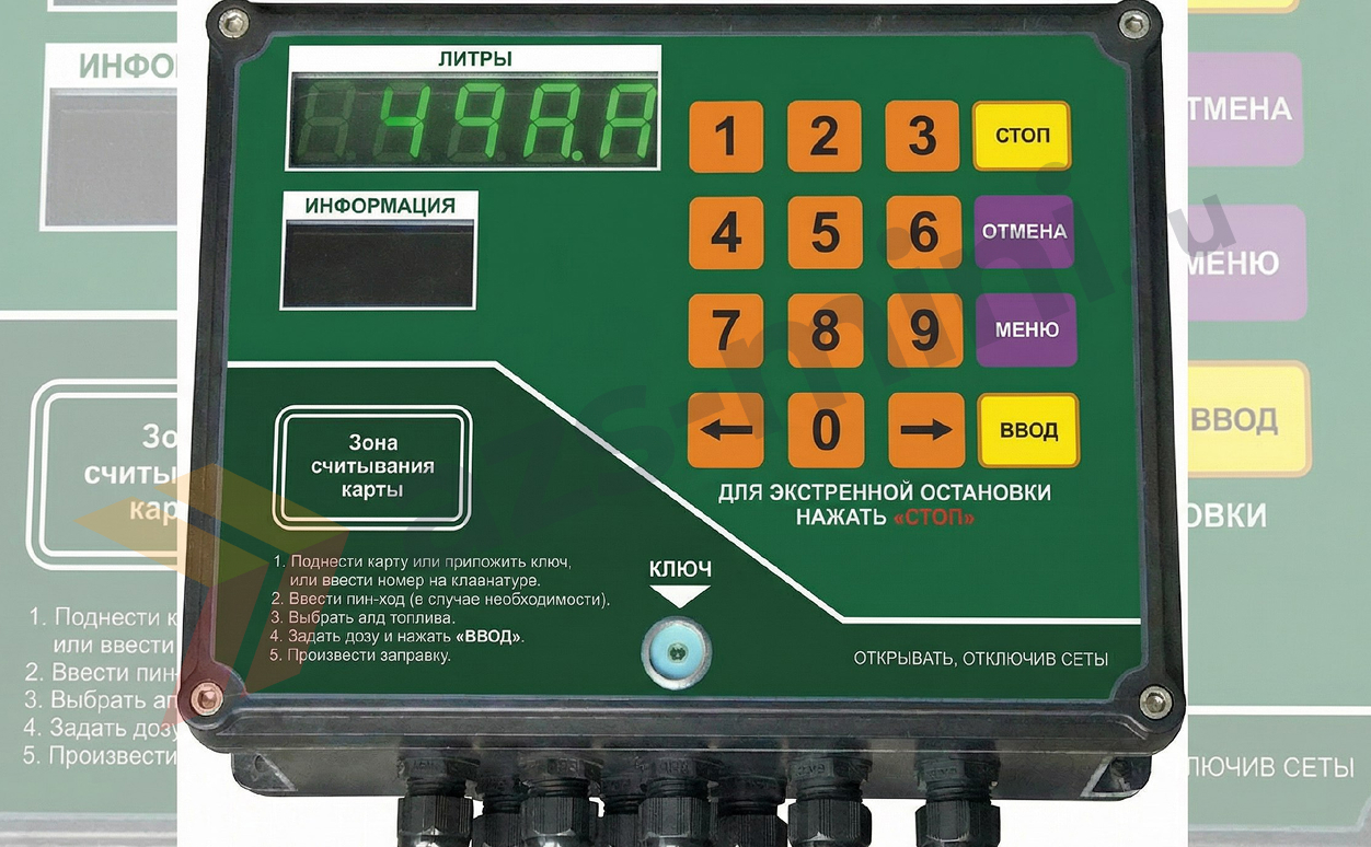 Экран и кнопки контроллера учёта топлива на мобильной АЗС